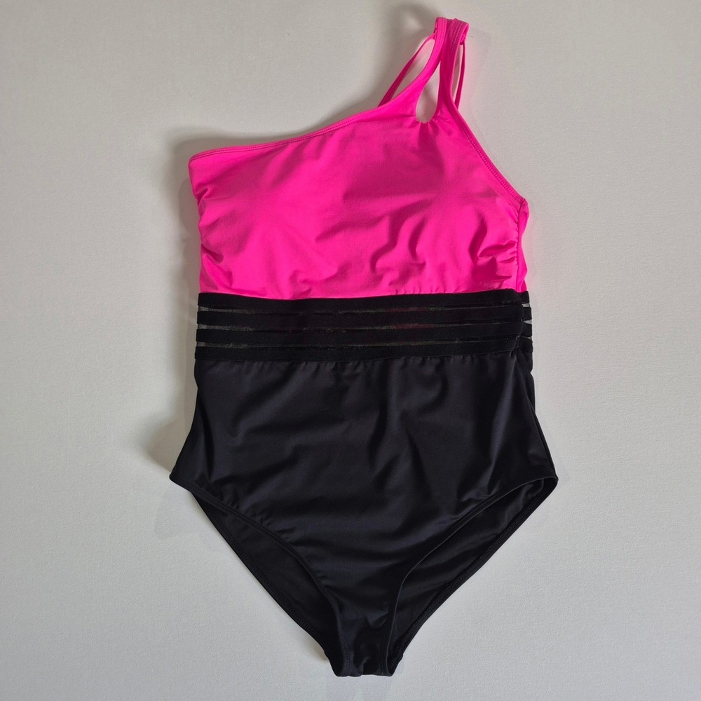 Holipick Womens One Piece Swimsuit Pink Black One Shoulder Mesh XL New With Tags - Picture 2 of 8
